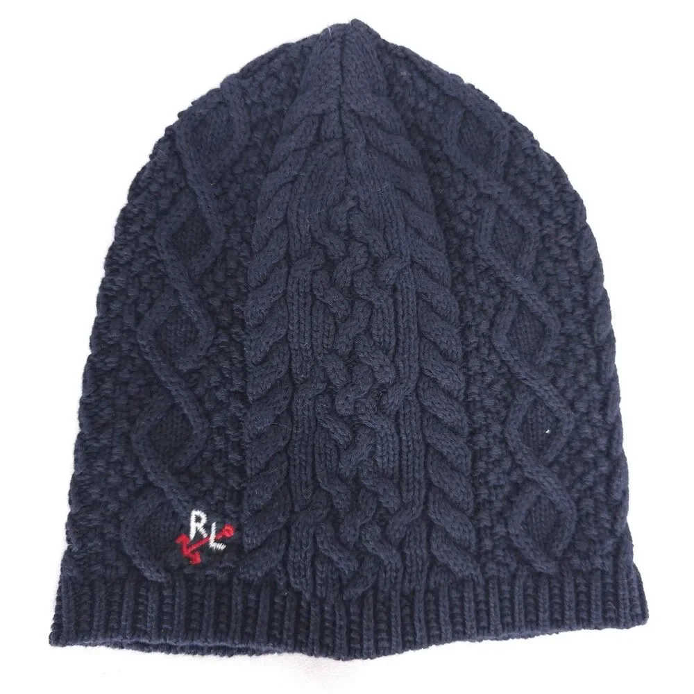 POLO RALPH LAUREN New Beanie One Size 7-16 Navy Blue Aran Cable Knit Embroidered